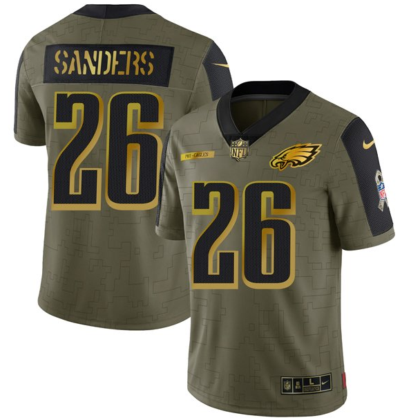 Men's Philadelphia Eagles #26 Miles Sanders 2021 Olive Salute To Service Golden Limited Stitched Jersey
